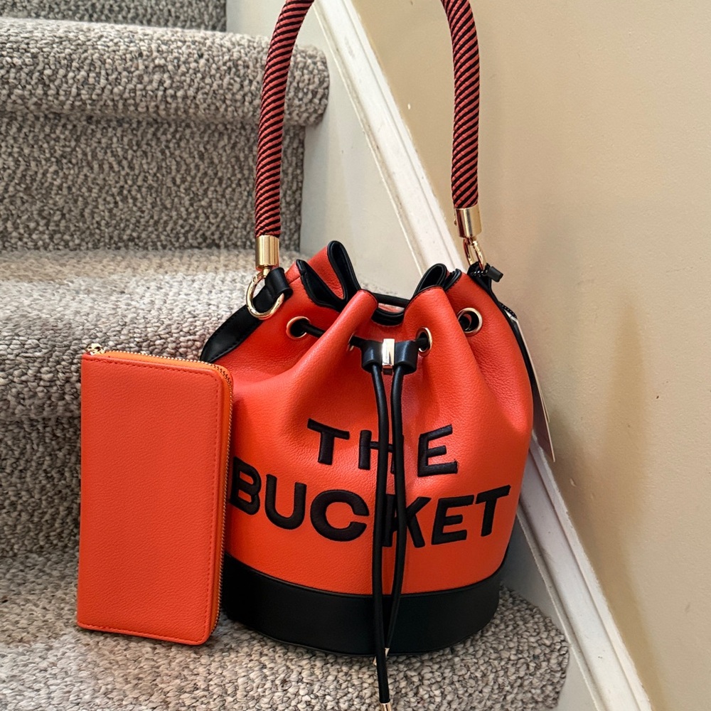 Orange 'The Bucket' Drawstring Bucket Bag with Matching Wallet